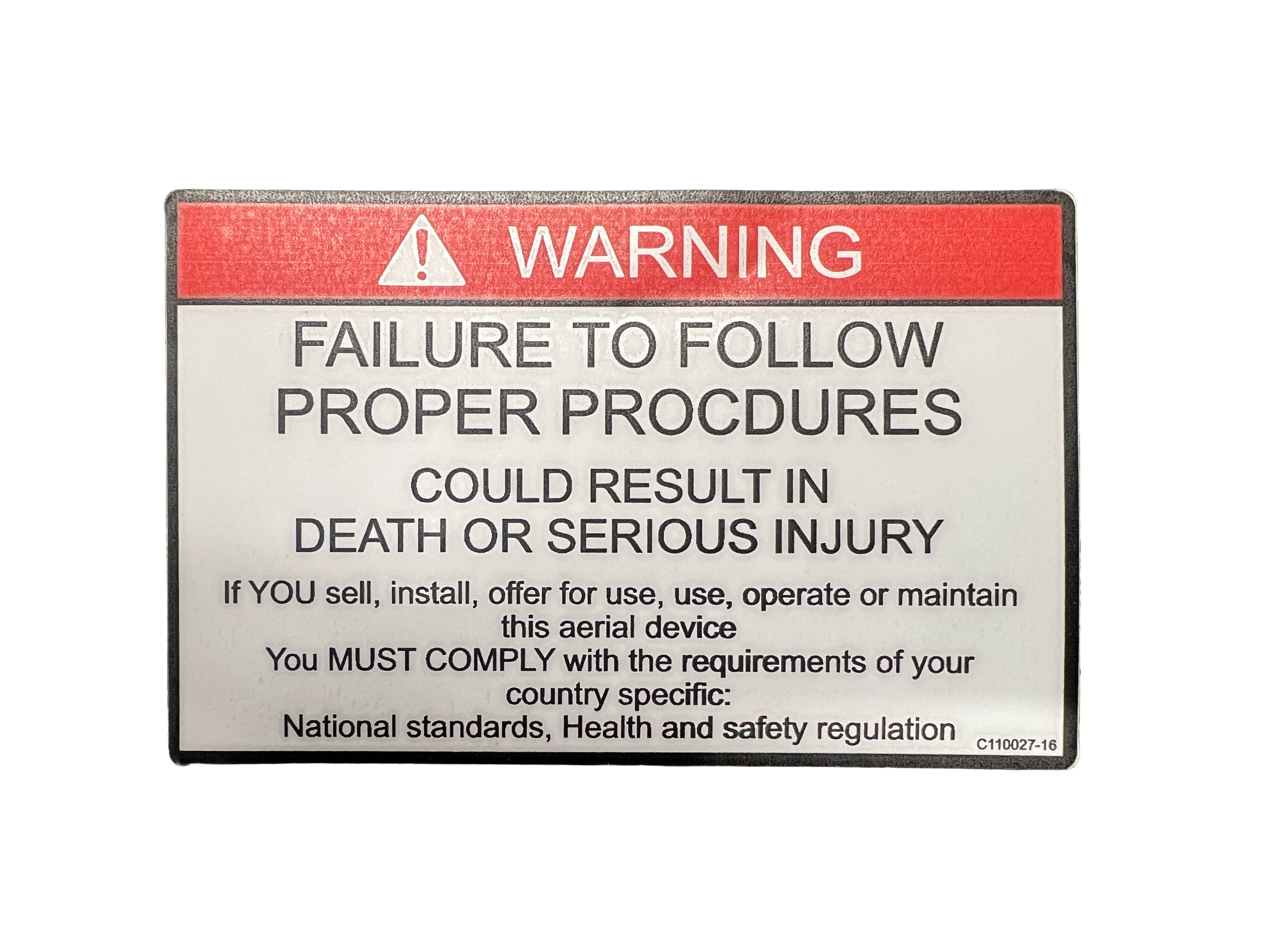 Palfinger single decal,warning failure to follow proper procedures. C110027-27