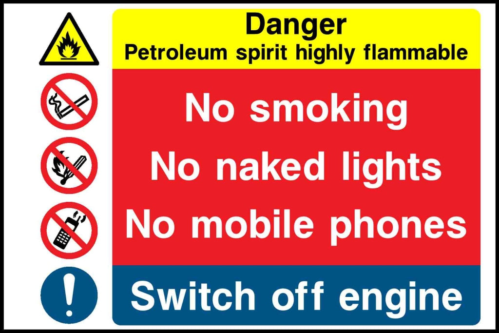 Danger Petroleum spirit highly flammable No smoking No naked lights - Safety Decals Ltd