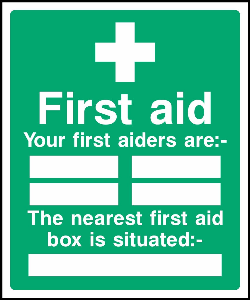 First aid Your first aiders are:- The nearest first aid box is situated - Safety Decals Ltd