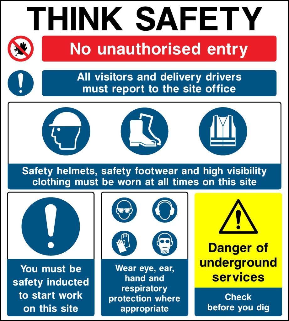 think safety no unauthorised entry all visitors and delivery drivers must report to the site office - Safety Decals Ltd