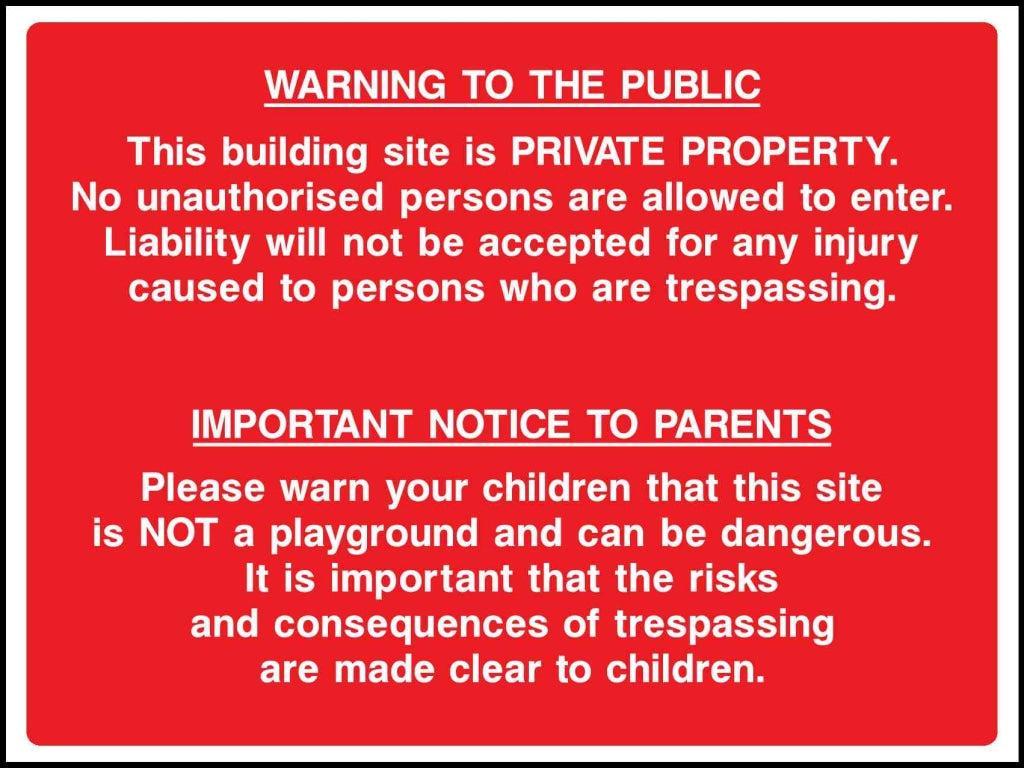 warning to the public this building site is private property - Safety Decals Ltd