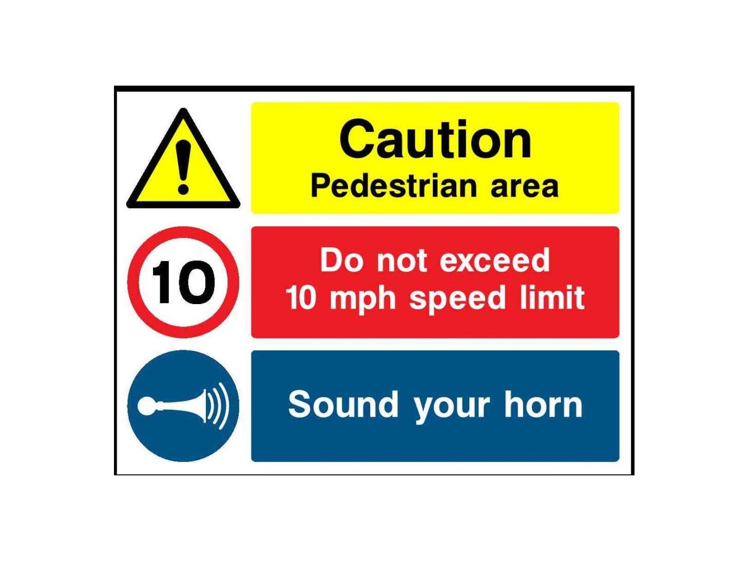 10 mph Caution Pedestrian area, Sound Horn - Safety Decals Ltd