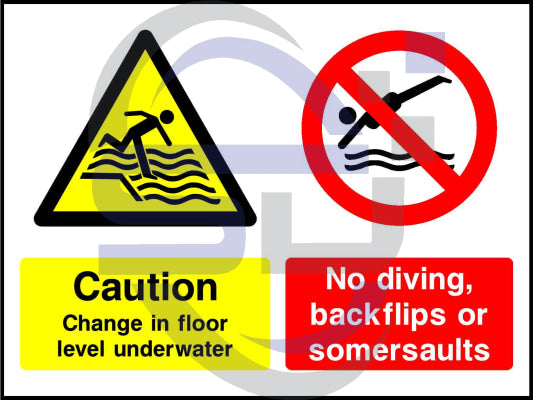 Caution Change in floor level underwater 
No diving, bac - Safety Decals Ltd