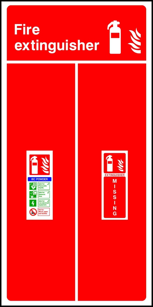 Fire 
extinguisher 
BC POWDER B Safe for: 
4 
Flammable - Safety Decals Ltd