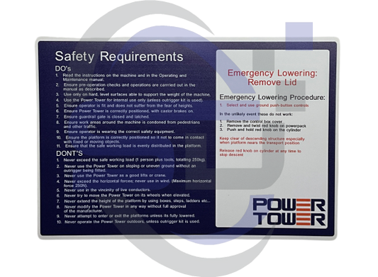 Power Tower, Safety requirements Single Decal, SAF1015 - Safety Decals Ltd