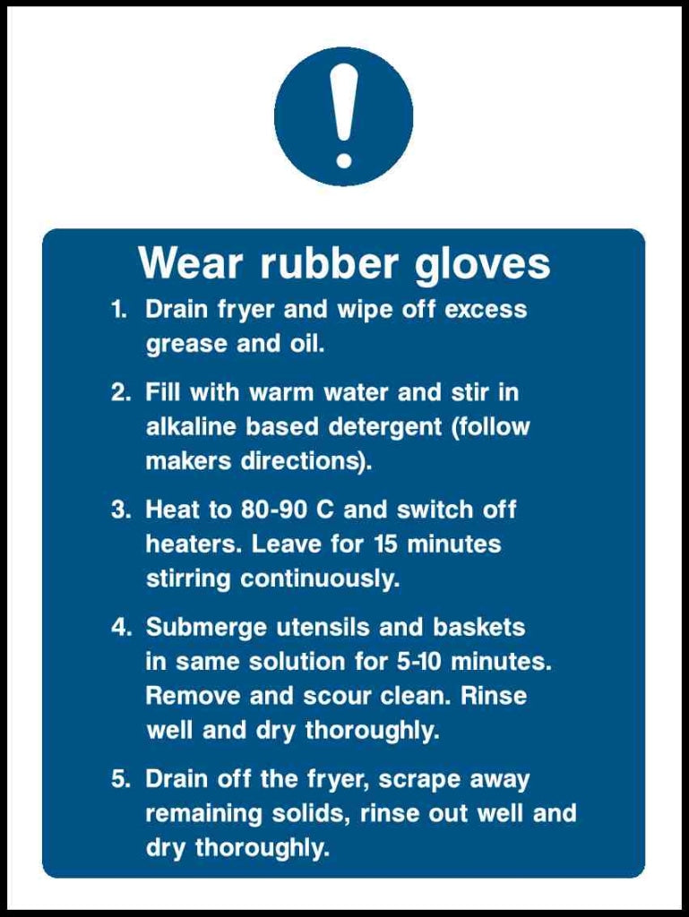 Wear rubber gloves Drain fryer and wipe off excess grease and oil - Safety Decals Ltd