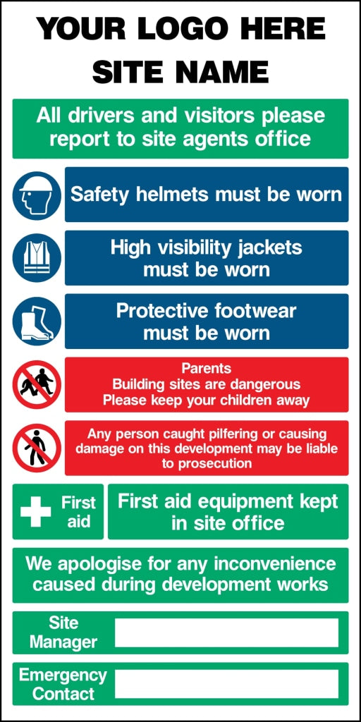 your logo here site name all drivers and visitors please report to the site office - Safety Decals Ltd